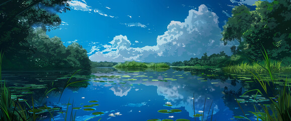 A tranquil pond mirrors the sky's cerulean embrace, a peaceful oasis amid the chaos of the world.