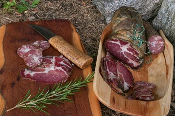 Corsican meat specialities with coppa, cold cuts with beautiful grain