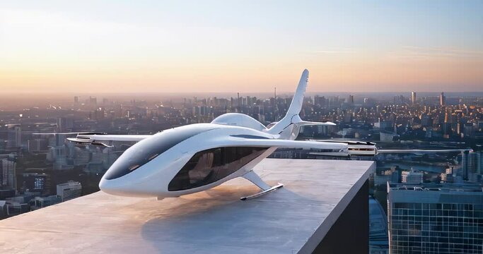 evtol futuristic passenger transport on the roof of a building overlooking the metropolis