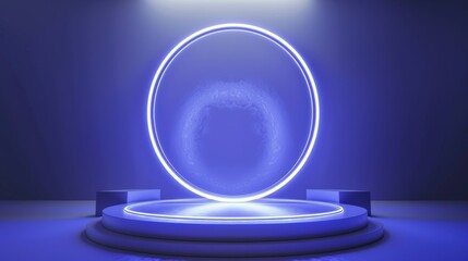 Abstract 3d light tech stage podium platform with circle glow effect in futuristic room setting