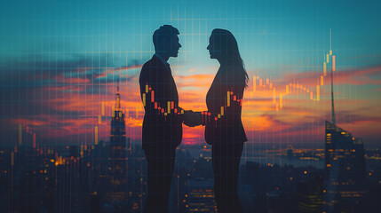 Double exposure of businessman and businesswoman handshake on stock market graph background and New York downtown. Concept financial transaction and deal processing. - obrazy, fototapety, plakaty