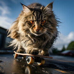 Portrait of a long haired cat on a skateboard. - obrazy, fototapety, plakaty