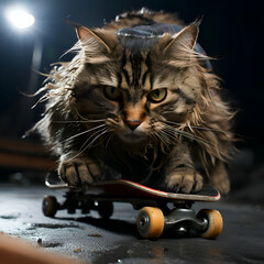 Maine coon cat on a skateboard in the studio. - obrazy, fototapety, plakaty
