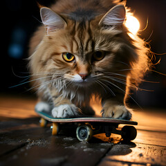 Beautiful maine coon cat sitting on skateboard at night - obrazy, fototapety, plakaty