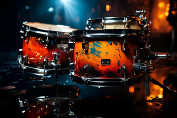 Drum set on stage in nightclub. Musical instruments. Live music concept. - obrazy, fototapety, plakaty