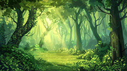 Sunlight and forest day background illustration. Fantasy landscape background.