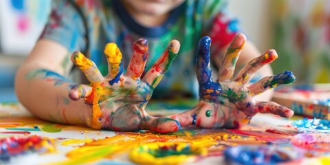 Close up of attractive elementary student hand playing stained color in art lesson. Happy children hand putting hand on paper and doing creative activity in art class. Blurring background. AIG42.