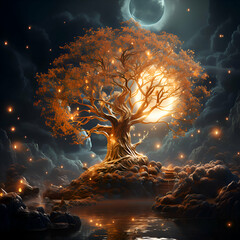 Fantasy landscape with big tree and full moon. 3d illustration - obrazy, fototapety, plakaty