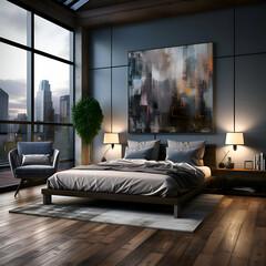 3d rendering of bedroom in modern loft style with wooden floor. - obrazy, fototapety, plakaty