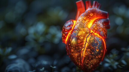 A 3D rendering of a heart made of metal with a glowing orange core.