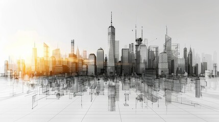 A black and white wireframe of a city with a glowing yellow light in the background.