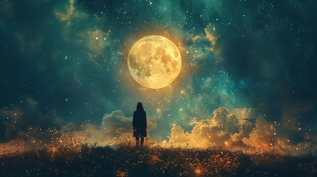 A girl standing in a field of flowers looking up at the moon.