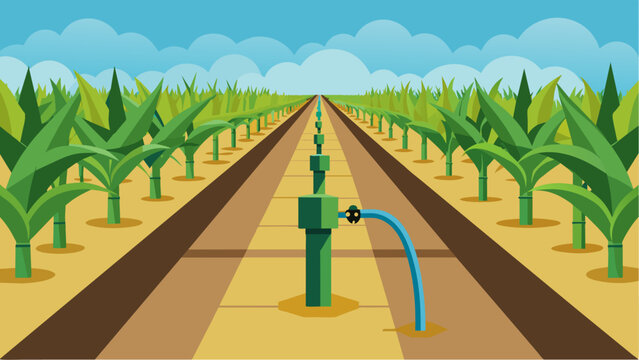 Drip irrigation hoses running through rows of corn delivering precise amounts of water to each plant minimizing water waste and maximizing crop