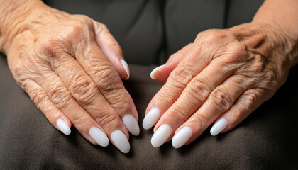 A woman hands are shown with a perfect white manicure, symbolizing the importance of detailed personal care and aesthetic beauty