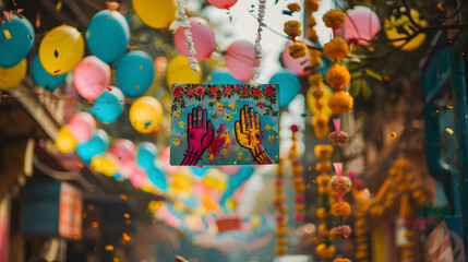 A plastic notice with Holi decorations and Krishna hands gripping it. against the panorama of color-splashed streets and radiant water balloons on a colorful Holi day. 
