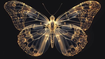 An x-ray of a butterfly with glowing yellow veins. - obrazy, fototapety, plakaty