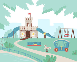 Play complex for a boy in the park. A fortress for fun outdoor games. A gazebo-carriage with a horse, fun slides and a sandbox. Flat vector illustration