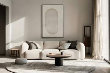 Modern minimalist Scandinavian living room with white sofa, pillows, coffee table and abstract painting poster on the wall