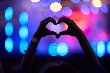 Hands form heart shape at music fest, silhouetted against vibrant stage lights. Excited crowd enjoys live concert, expresses love. Festivalgoers unite in joyful, musical celebration, sharing emotions.
