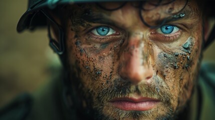 Portrait of a soldier with haunted eyes, capturing the emotional toll of hardship on the battlefield.