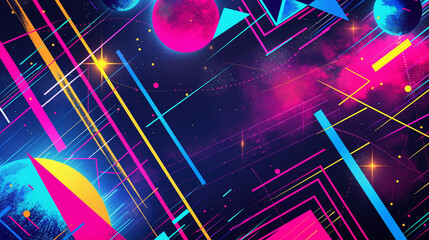 This is a colorful abstract image with bright neon pink, blue, and yellow lines and shapes over a black background. There are also several small white dots scattered throughout the image.


