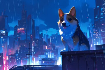 cute cartoon dog with colorful city lights in the background - obrazy, fototapety, plakaty