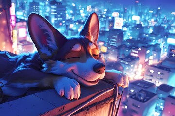 cute cartoon dog with colorful city lights in the background - obrazy, fototapety, plakaty