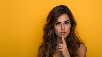 Fototapeta premium a pretty woman with long brown hair shushing. holding her finger to her mouth in front of a yellow background. 