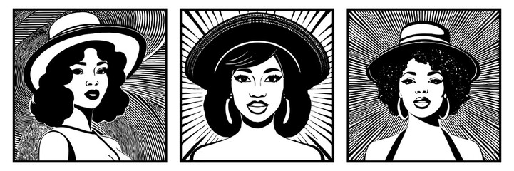 Fictional character of a woman with a hat. Black and white illustration. Logo design for use in graphics. Generated by Ai