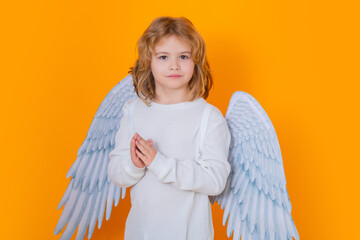 Angel prayer kids. Valentines day. Little cupid angel child with wings. Studio portrait of angelic kid.