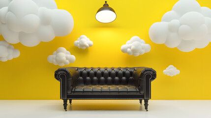 A psychiatrists couch in black with a yellow setting. a cloud of thought bubbles around the sofa - obrazy, fototapety, plakaty