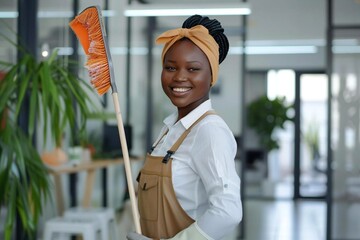 Female black office janitor providing professional cleaning service