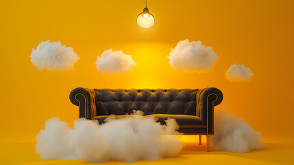 A psychiatrists couch in black with a yellow setting. a cloud of thought bubbles around the sofa - obrazy, fototapety, plakaty