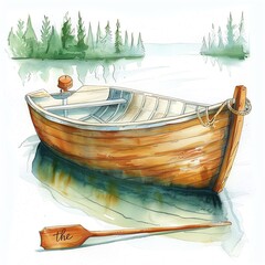 A wooden rowboat with a small outboard motor and a single oar floating on a lake surrounded by trees. - obrazy, fototapety, plakaty