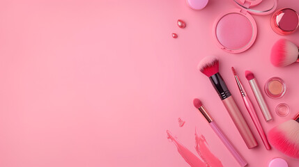 a pink background with makeup products on the right side of the image. There are four makeup brushes, a blush compact, and two lipstick smears.