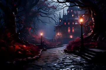 Obraz premium Halloween background with spooky castle and graveyard. 3d rendering