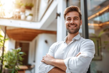 Fototapeta premium Confident american real estate agent standing outside modern home ready to assist buyers