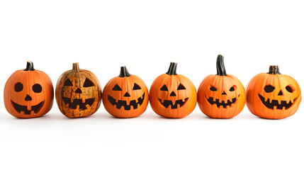 A row of carved pumpkins with smiling faces isolated on a white background 