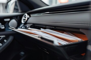 Car glovebox with papers inside the vehicle box