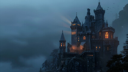 Castle at twilight, Majestic structure with glowing windows, Mysterious mood, Copy space included