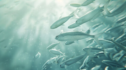 A school of silver herring swimming in the ocean. with clear blue water and sunlight filtering through. The fish have shimmering scales that reflect light