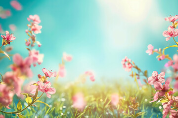 spring banner of green grass with blossom flowers in nature on sky background, space for text - 797518793