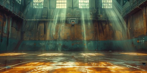 Electric blue tints and shades illuminate the old basketball court floor