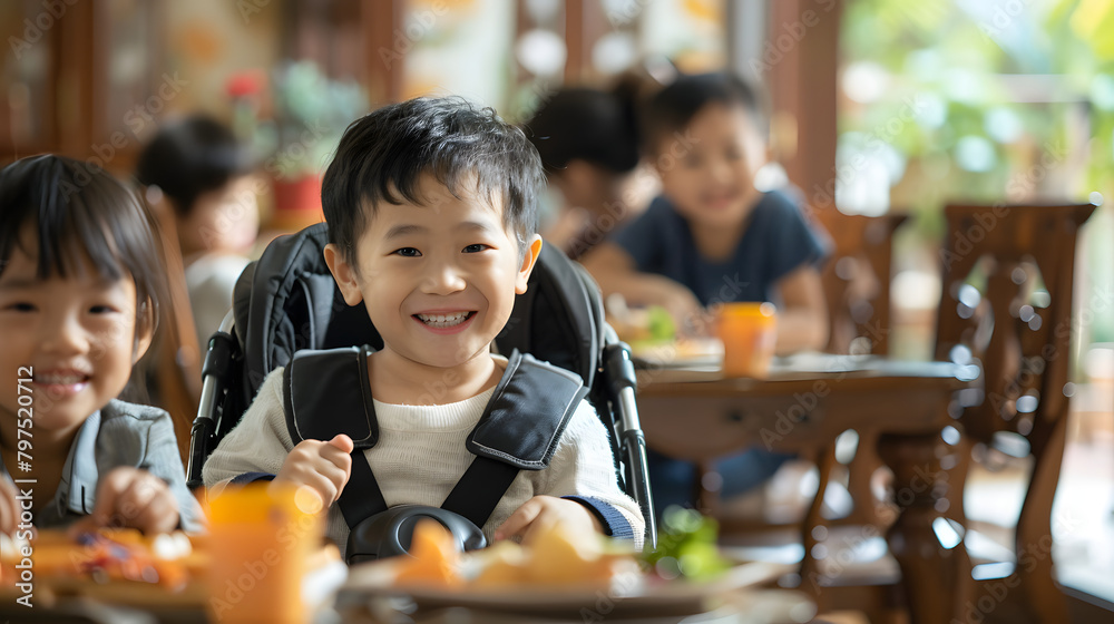 Wall mural A smiling boy in his stroller is sitting at the dining table with other siblings. 