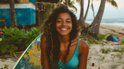 A snapshot of a Brazilian college girl in a teal tank top and floral sarong. sitting on the beach with her surfboard beside her - obrazy, fototapety, plakaty