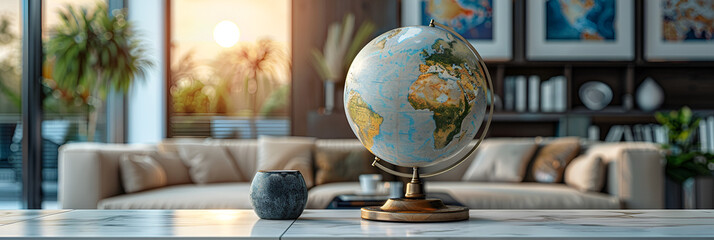 Beige desk globe on white desk,
A blue and yellow globe sitting on top of a wooden table
