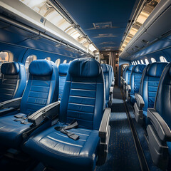 Obraz premium Interior of a passenger airplane with seats and seats. Blue toned