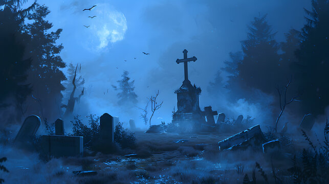 A spooky graveyard at night with tombstones. fog
