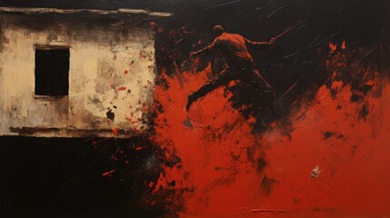 a picture painting of Spawn jumping from a the rooftop village, windblown, an abstract painting with red paint on black, in the style of earthy expressionism, AI Generative