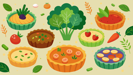 A display of savory vegan quiches filled with a variety of vegetables and topped with a flaky whole wheat crust..